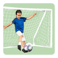 A kid playing football in front of a goal on a green background