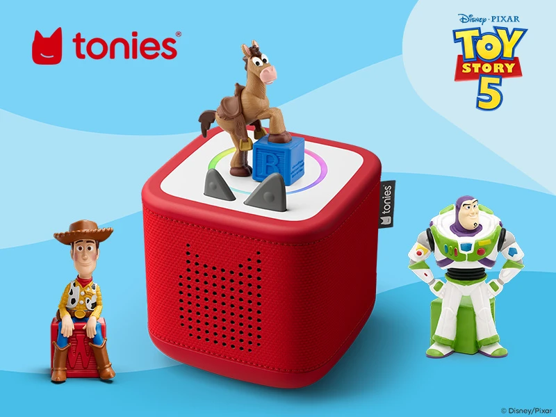 Red Tonies audio player featuring Toy Story characters.