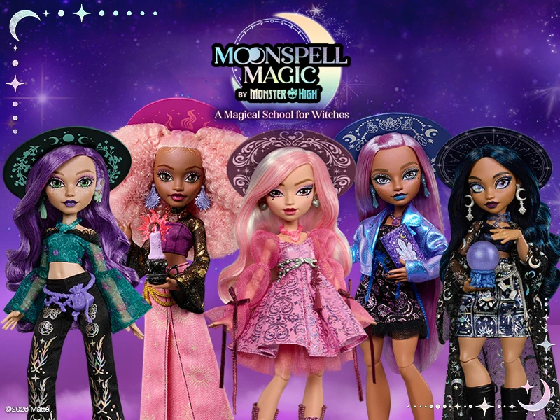 Moonspell Magic by Monster High Dolls in a row on a colourful background.
