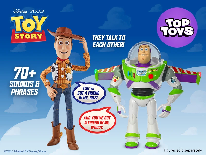 Toy Story Ultimate Action Woody & Buzz Lightyear Interactive Action Figures on a blue cloud background.